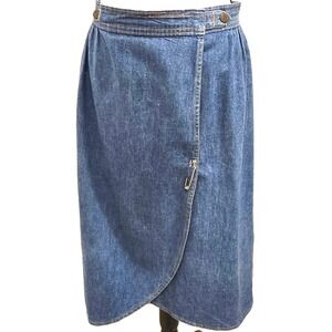 70s VTG Denim Skirt Blue Wrap Midi Safety Pin Detail Remington Express Medium